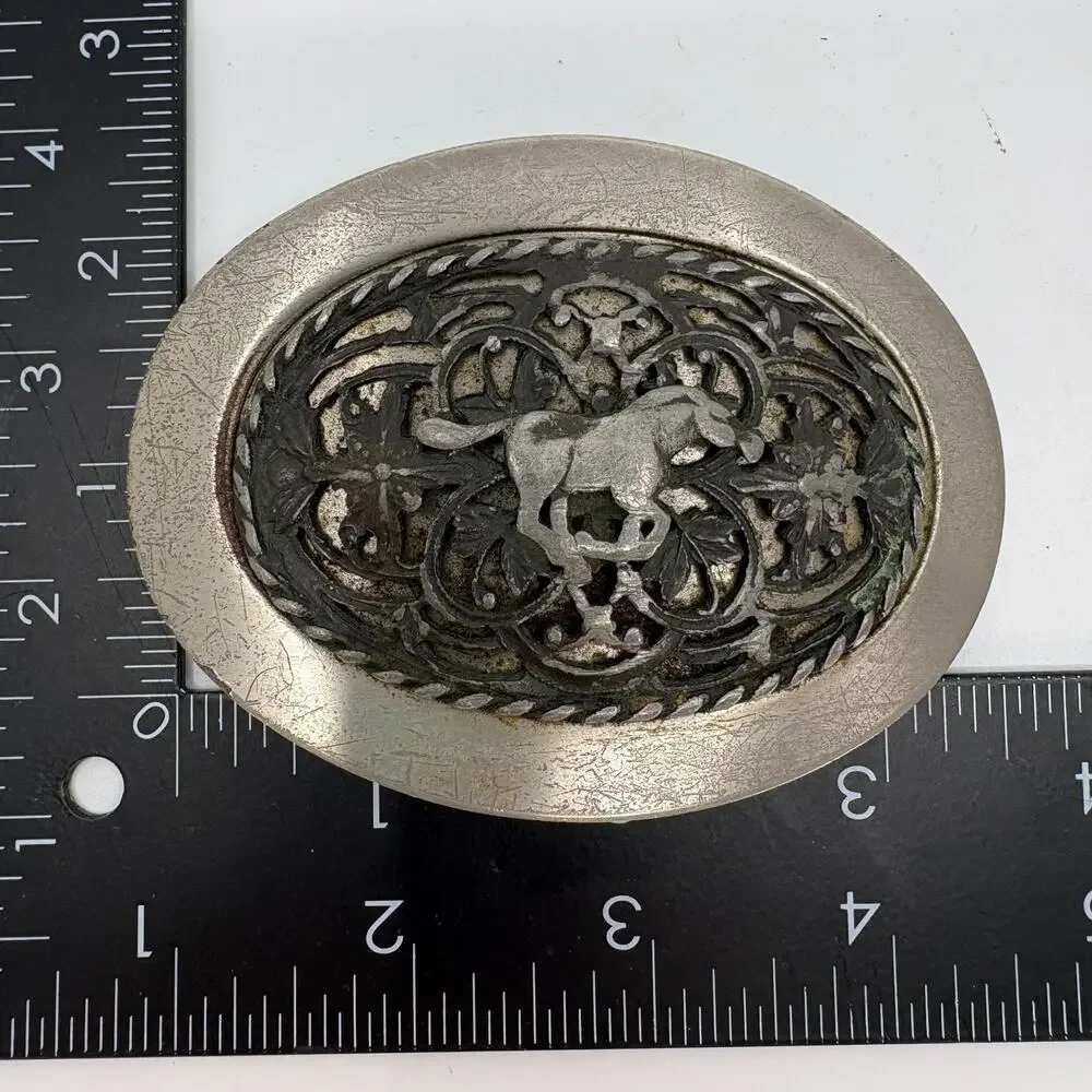 Vintage Handcrafted Horse Belt Buckle Oval Silver Tone Western Equestrian